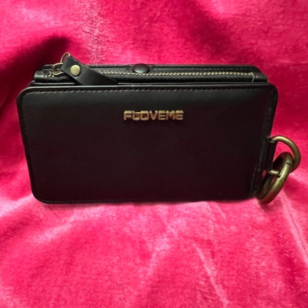 Floveme black‎ women's wallet, keychain ring, flip case, card slots, phone case